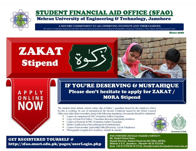 ZAKAT Stipend for Needy and Deserving Students of MUET