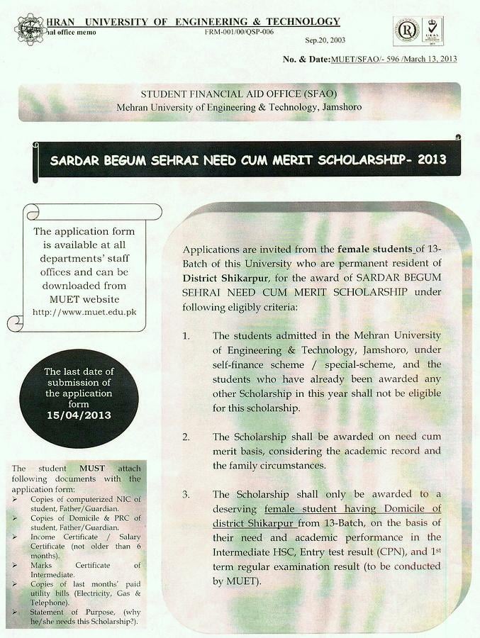 Sardar Begum Sehrai Need Cum Merit Scholarship 2013