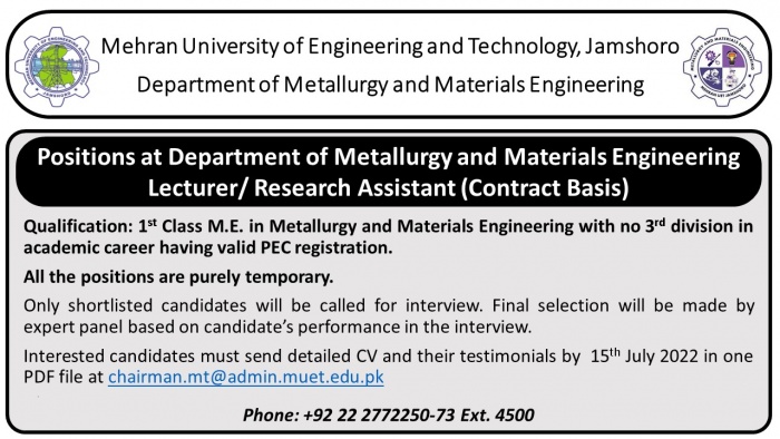 Positions at Department of Metallurgy and Materials Engineering Lecturer/Research Assistant (Contract Basis)