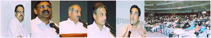 Professor Dr MA Uqiali Pro Vice Chancellor MUET (L-R), Professor Dr BS Chowdhry Dean FEECE, Prof Dr AK Baloch, former Dean and Senior Fulbright Scholar, Dr Abdul Hafeez Memon, Director Continuing Education and  Mr Zulfiqar Ali Bhutto of the United States Educational Foundation in Pakistan (USEFP)  Addressing on the occasion of Seminar on  Fulbright Scholarships at Mehran University of engineering & Technology Jamshoro.