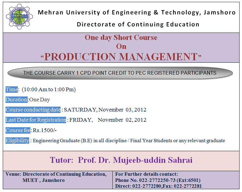 One day short course on Production Management